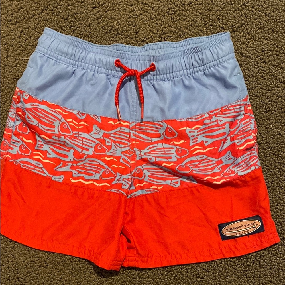 Vineyard Vines Red and Light Blue Fish Swim Shorts